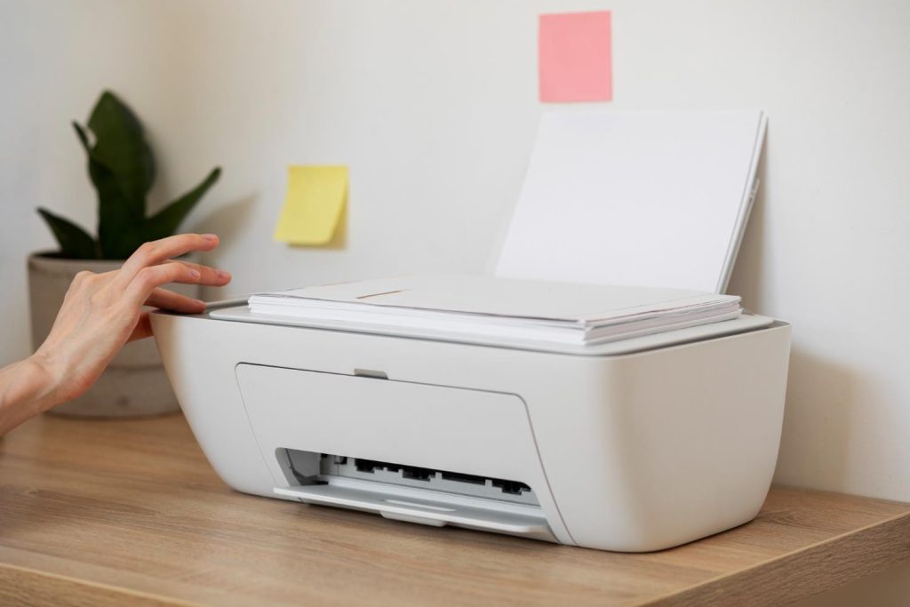 Persoon gebruikt refurbished printer op kantoor voor zakelijke doeleinden